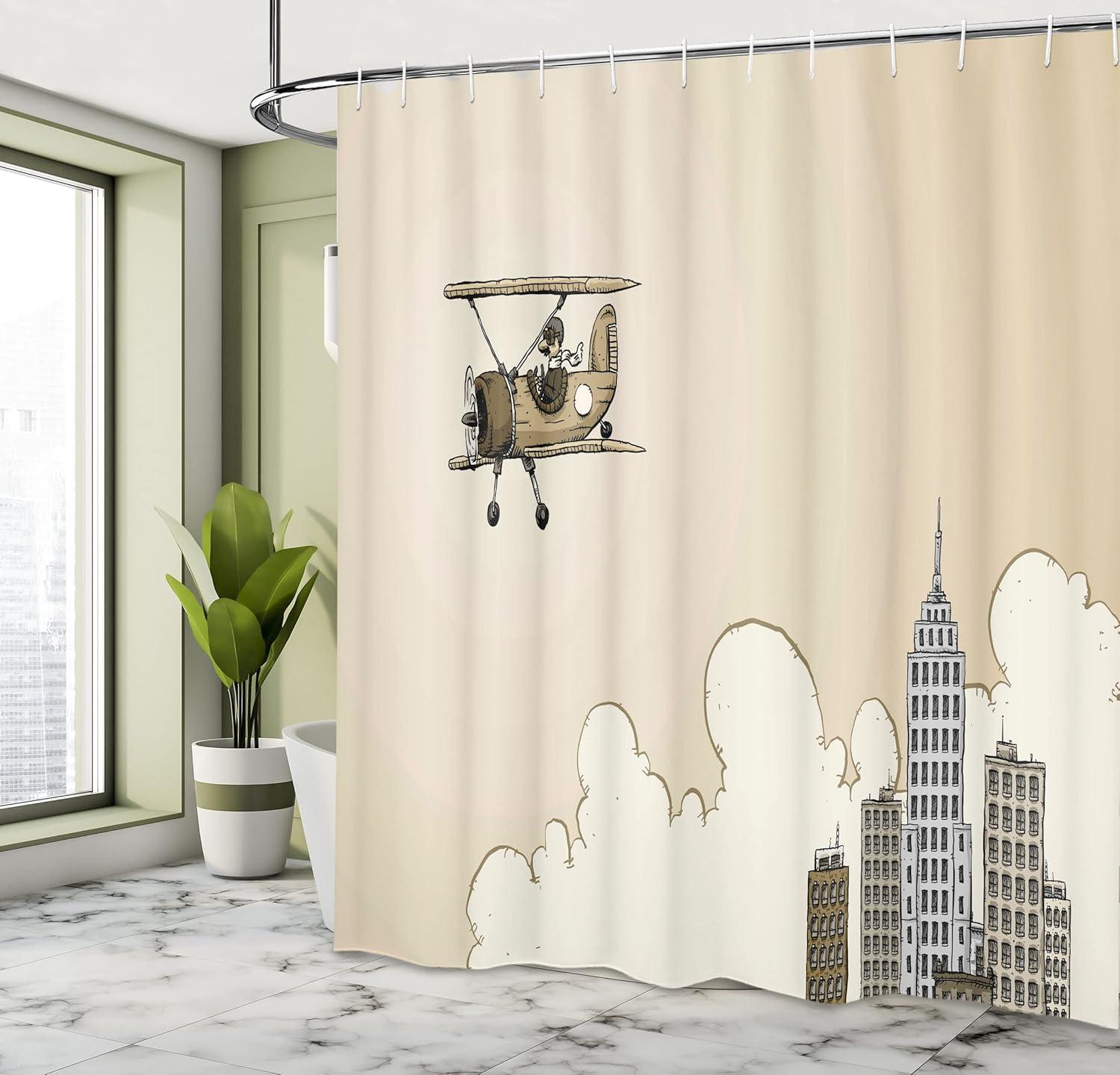 imageAmbesonne Vintage Airplane Shower Curtain Cartoon Style Biplane in Modern City Clouds and High Rise Buildings Cloth Fabric Bathroom Decor Set with Hooks 69 W x 70 L Tan White Grey