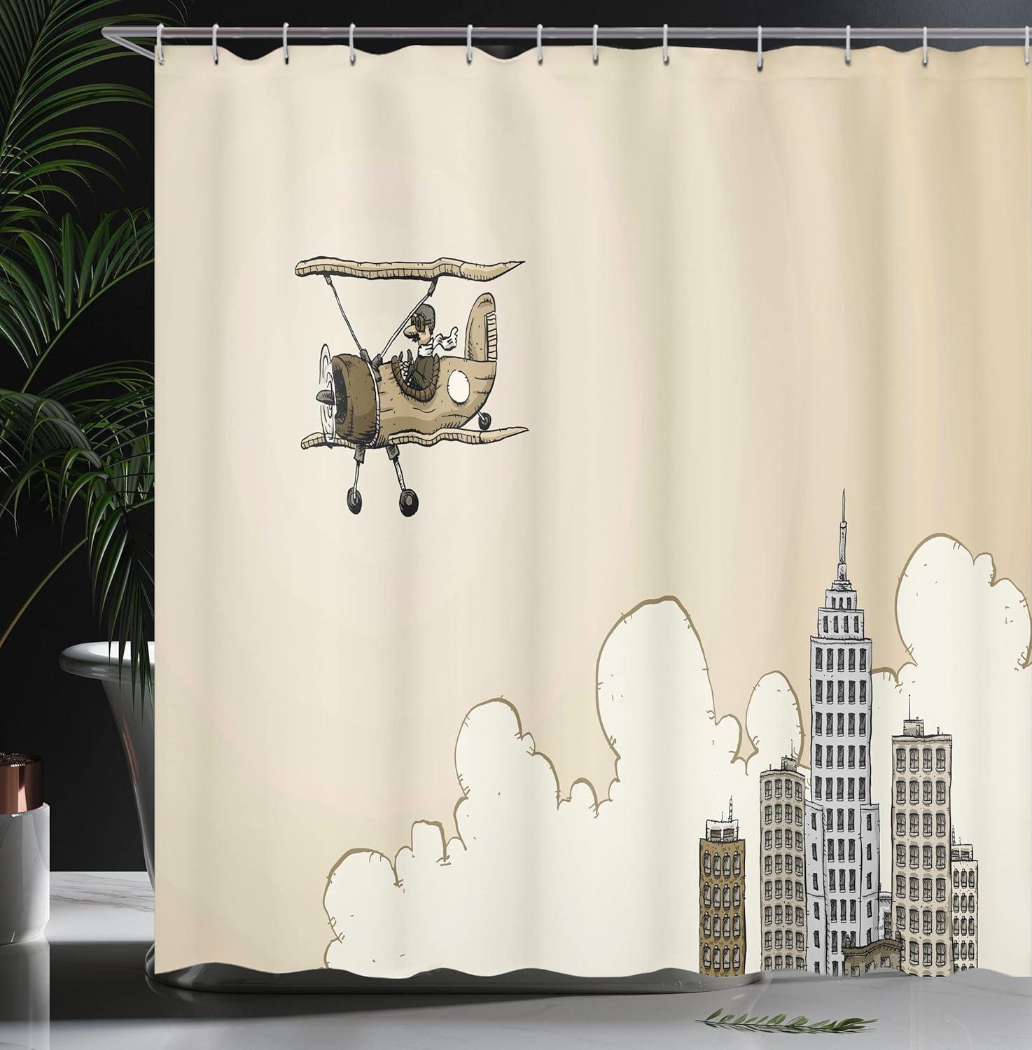 imageAmbesonne Vintage Airplane Shower Curtain Cartoon Style Biplane in Modern City Clouds and High Rise Buildings Cloth Fabric Bathroom Decor Set with Hooks 69 W x 70 L Tan White Grey