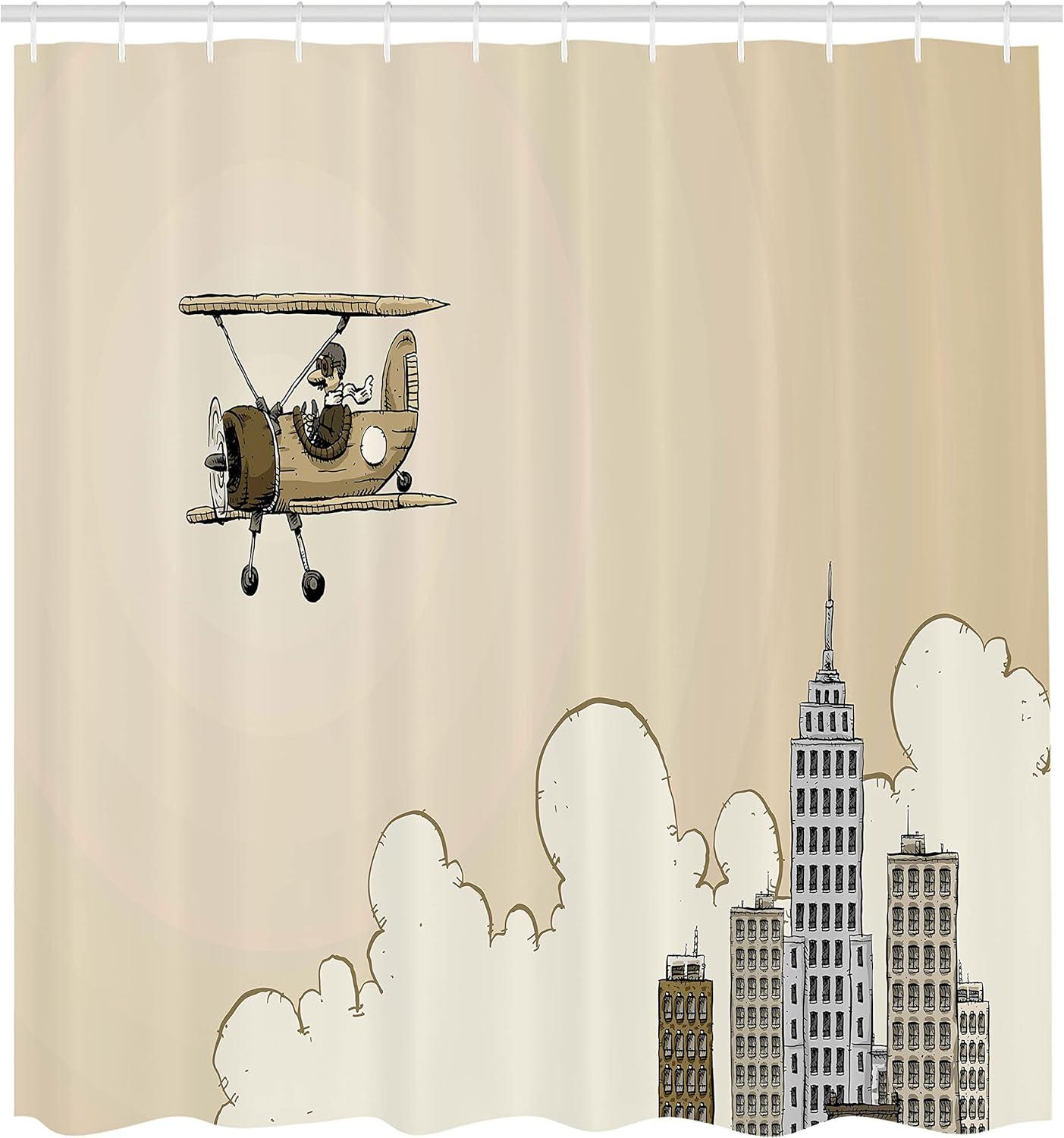 imageAmbesonne Vintage Airplane Shower Curtain Cartoon Style Biplane in Modern City Clouds and High Rise Buildings Cloth Fabric Bathroom Decor Set with Hooks 69 W x 70 L Tan White Grey