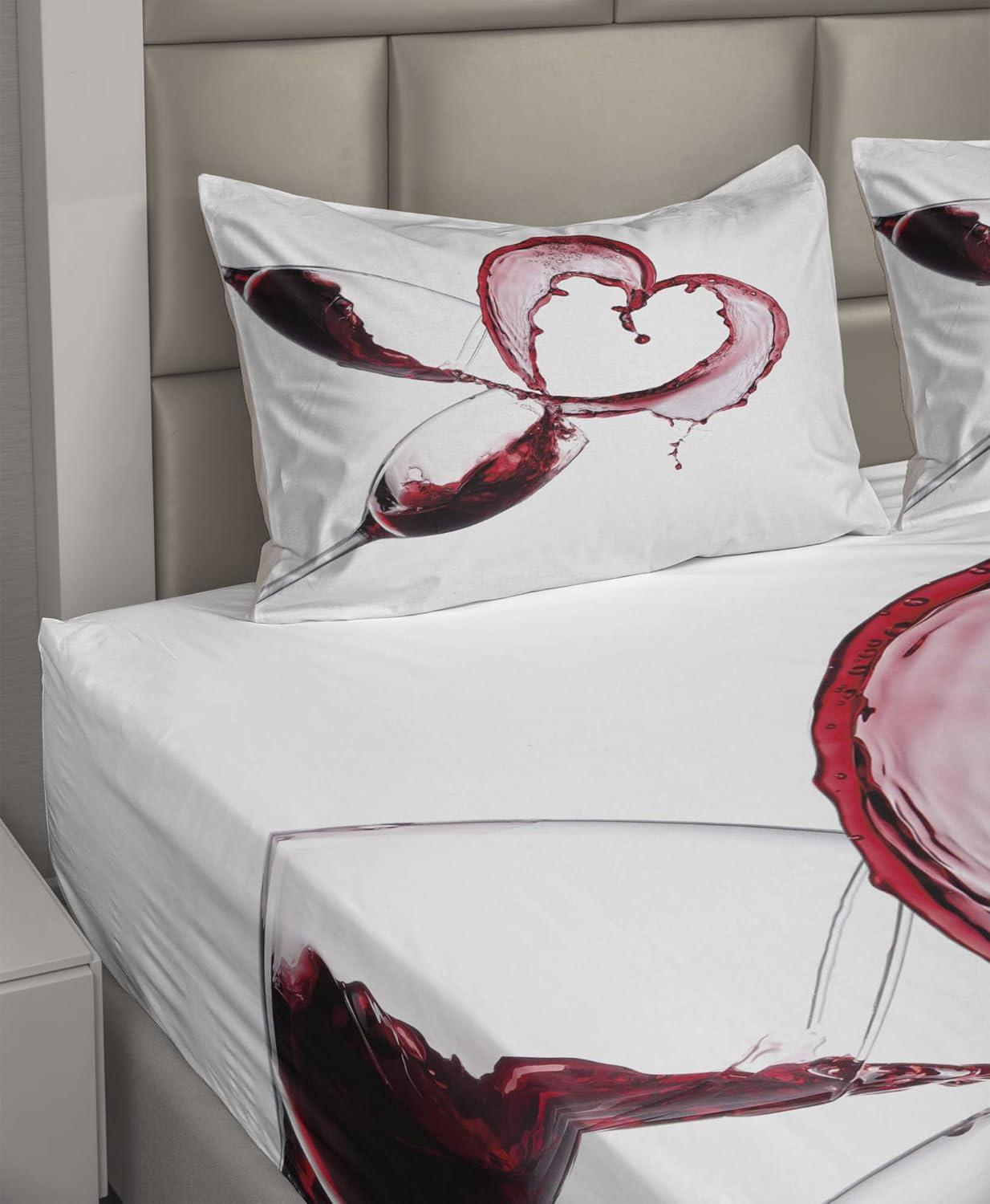 imageAmbesonne Wine Sheet Set Heart Shape Spilling Red Drink in Glasses Romantic Valentines Day Concept Fitted and Flat Sheet with Pillowcases Bedding Accent 4 Piece Set Queen Burgundy White Pink