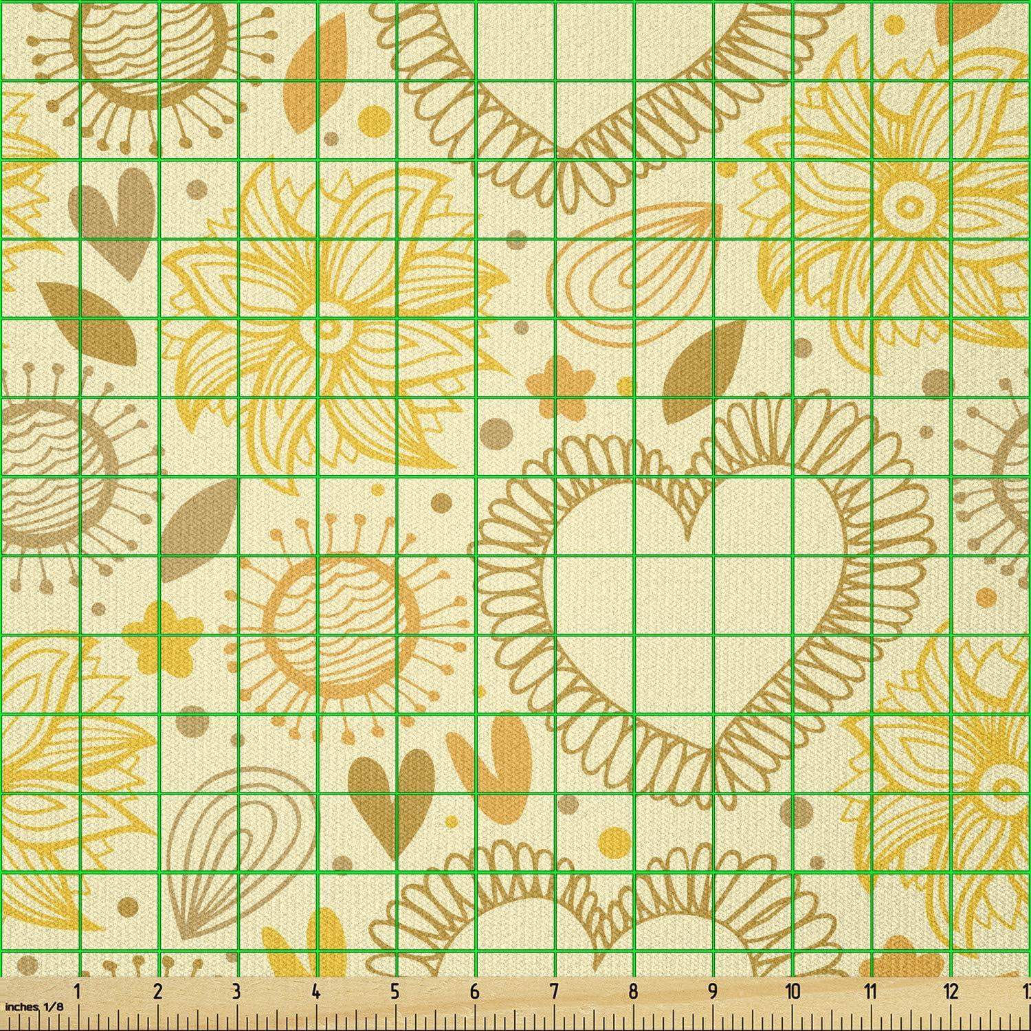 imageAmbesonne Yellow Fabric by The Yard Childish Doodle Style Composition with Hearts and Flowers Romantic Valentines Day Stretch Knit Fabric for Clothing Sewing and Arts Crafts 5 Yards MulticolorMulticolor