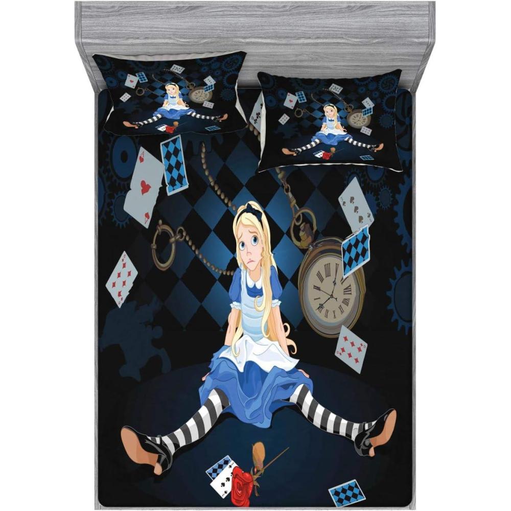 imageAmbesonne Alice in Wonderland Fitted Sheet amp Pillow Sham Set Grown Giant Girl Sitting Flying Cards and Rose Checkered Cartoon Decorative Printed 3 Piece Bedding Decor Set Queen Dark Blue
