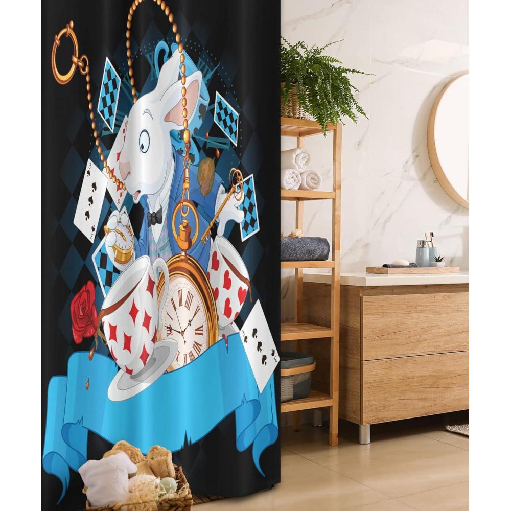 imageAmbesonne Alice in Wonderland Stall Shower Curtain Rabbit Motion Cups Hearts and Flower Character Alice Cartoon Style Fabric Bathroom Decor Set with Hooks 36 W x 72 L Dark Blue Charcoal Grey