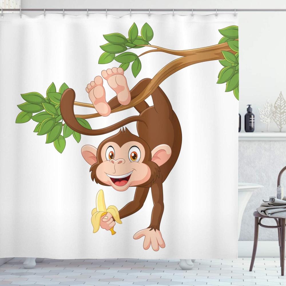 imageAmbesonne Cartoon Shower Curtain Funny Monkey Hanging from Tree and Holding Banana Jungle Animals Theme Print Cloth Fabric Bathroom Decor Set with Hooks 69 W x 70 L Chocolate White