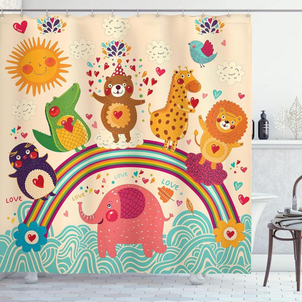 imageAmbesonne Cartoon Shower Curtain Happy Animals Bear Lion Crocodile Birds on Rainbow Drawing Effect Cloth Fabric Bathroom Decor Set with Hooks 69 W x 70 L Orange Green