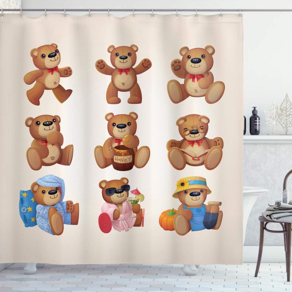 imageAmbesonne Cartoon Shower Curtain Happy Teddy Bears with Funny Different Faces Nostalgic Design Cloth Fabric Bathroom Decor Set with Hooks 69 W x 70 L Chocolate Cream