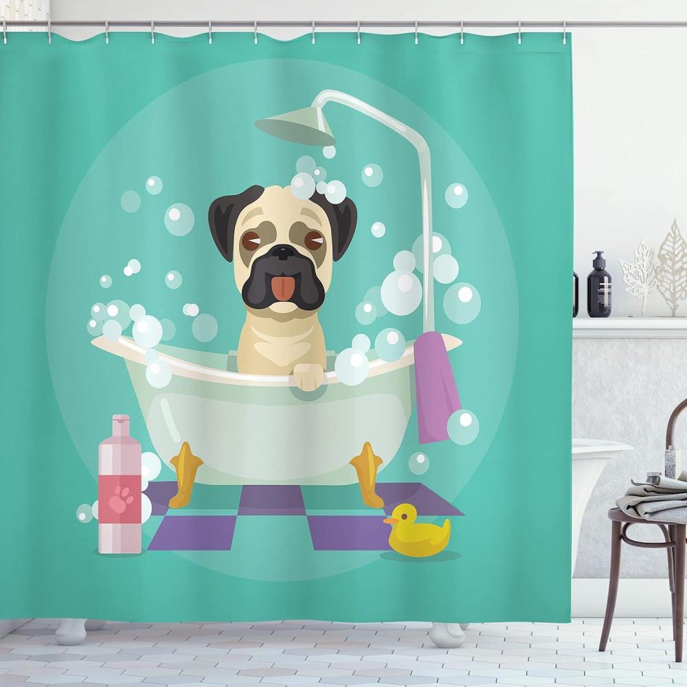 imageAmbesonne Cartoon Shower Curtain Pug Dog in Bathtub Grooming Salon Service Shampoo Rubber Duck Pets in Style Image Cloth Fabric Bathroom Decor Set with Hooks 69 W x 70 L TealTeal