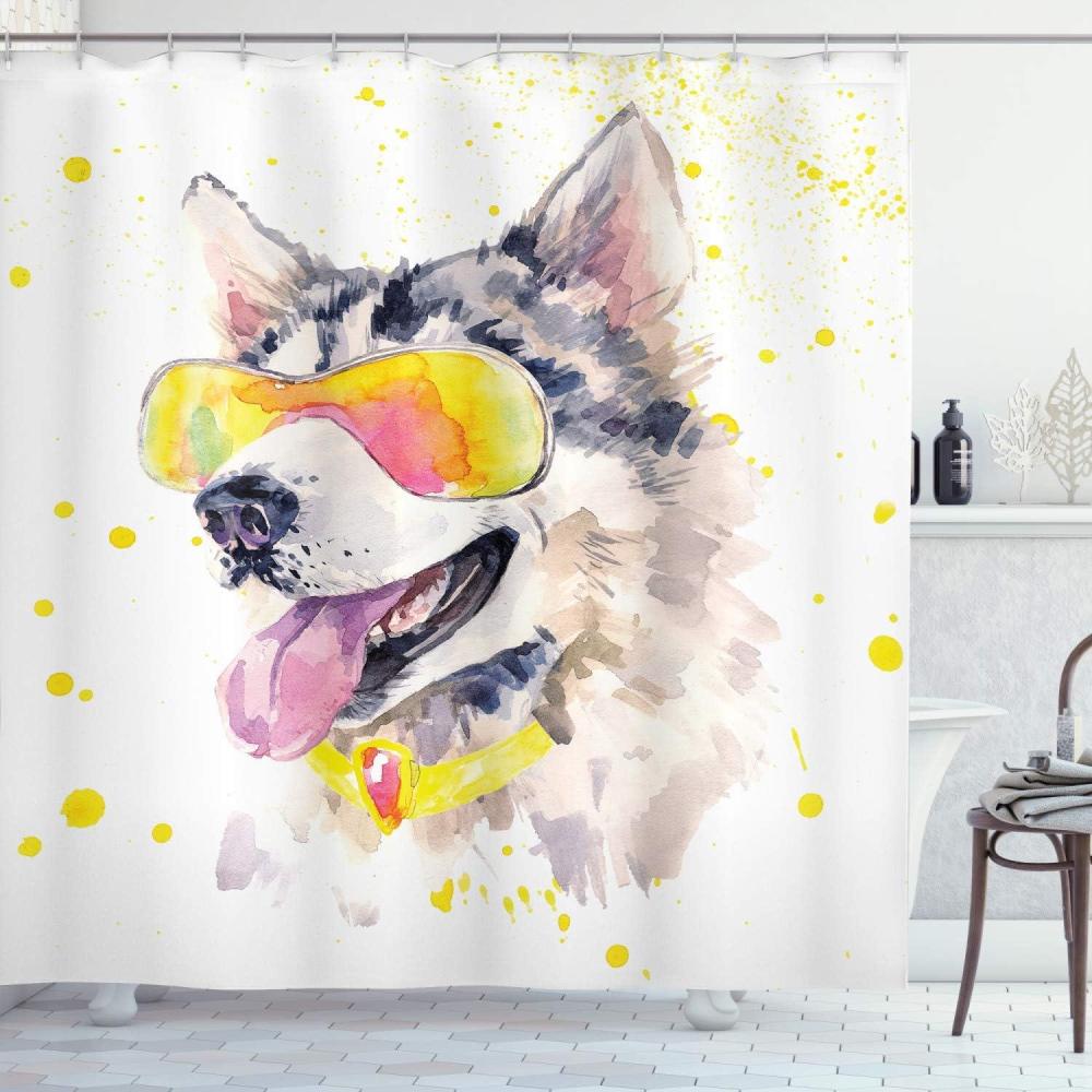 imageAmbesonne Cartoon Shower Curtain Pug Dog in Bathtub Grooming Salon Service Shampoo Rubber Duck Pets in Style Image Cloth Fabric Bathroom Decor Set with Hooks 69 W x 70 L TealYellow Beige