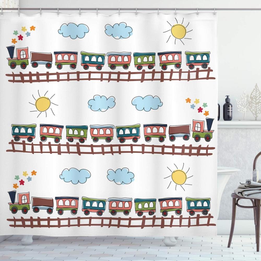 imageAmbesonne Cartoon Shower Curtain Style Train and Tracklines on Sunny Day Hand Drawn Sun and Clouds Flowers Cloth Fabric Bathroom Decor Set with Hooks 69 W x 70 L Chocolate Multicolor