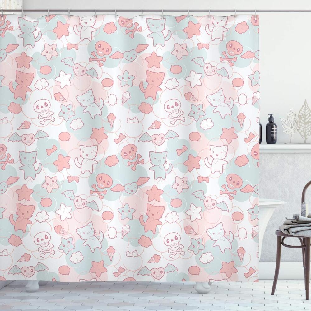 imageAmbesonne Cartoon Shower Curtain Styled Cats Bats and Skulls Japanese Inspired Kawaii Design Cloth Fabric Bathroom Decor Set with Hooks 69 W x 75 L Light Pink