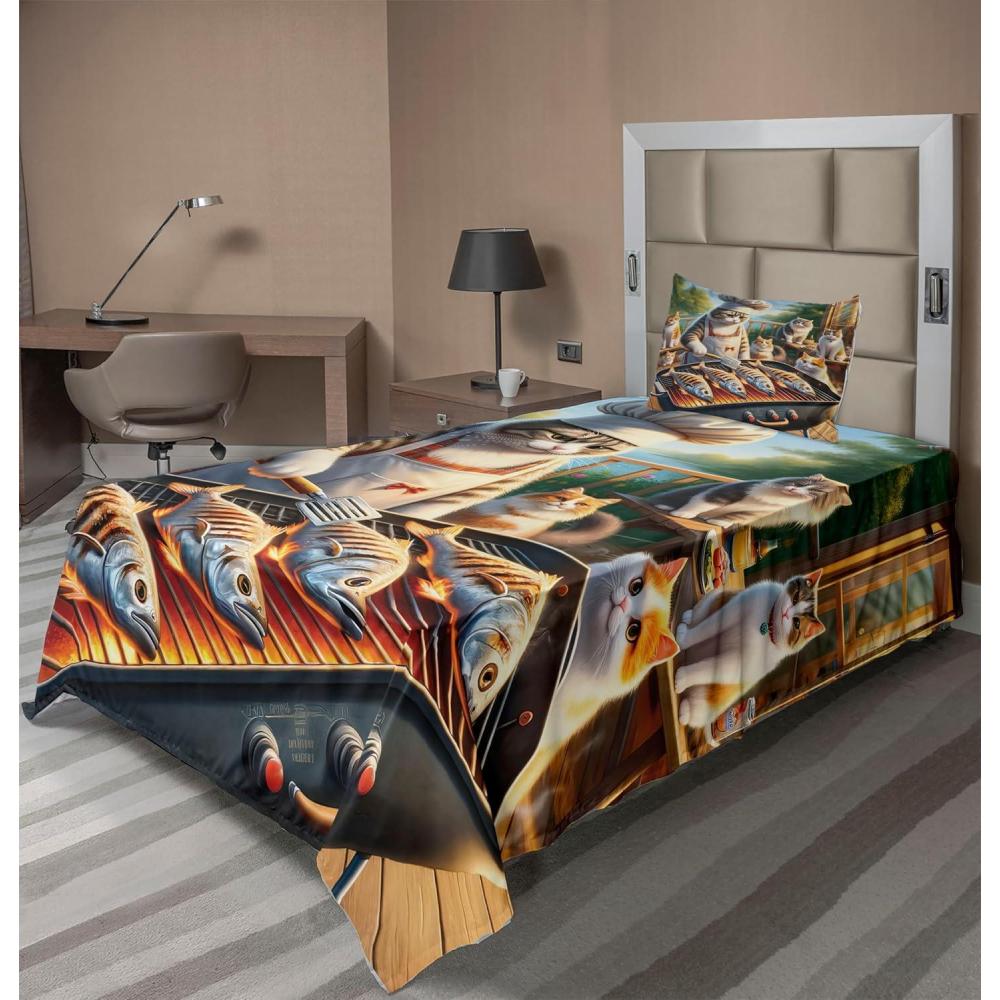 imageAmbesonne Cat Sheet Set Romantic Date Night of Kitties Drinking Milkshake Cozy Night Scene Valentines Fitted and Flat Sheet with Pillowcases Bedding Accent 4 Piece Set King Dark Blue ApricotGreen Orange
