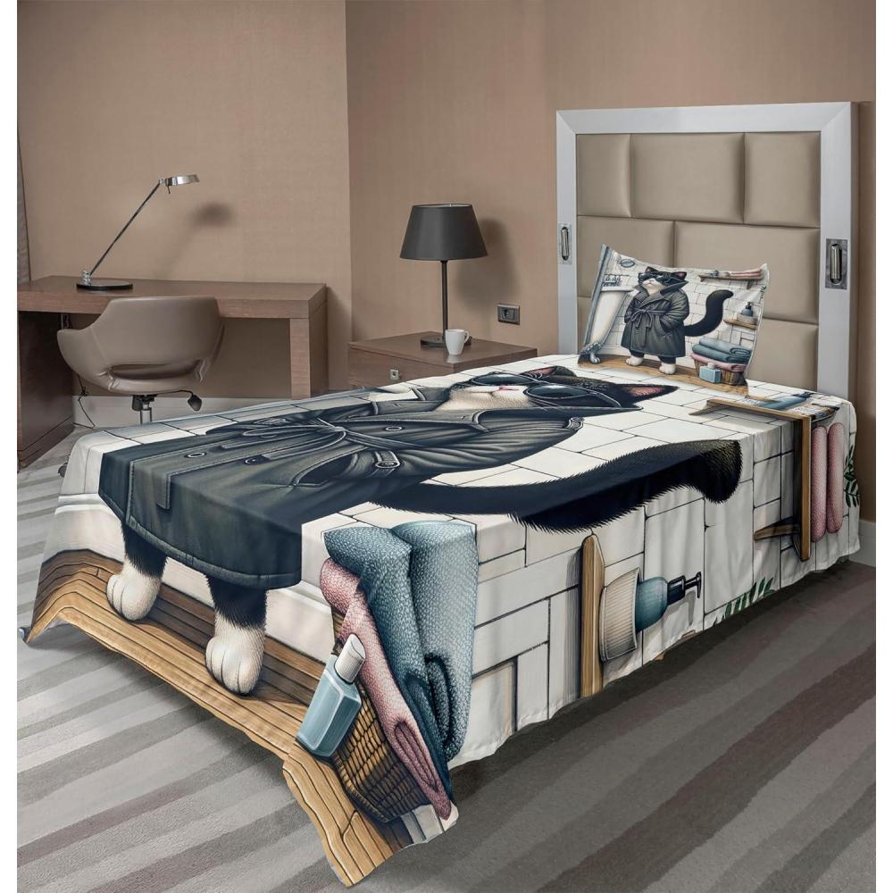 imageAmbesonne Cat Sheet Set Romantic Date Night of Kitties Drinking Milkshake Cozy Night Scene Valentines Fitted and Flat Sheet with Pillowcases Bedding Accent 4 Piece Set King Dark Blue ApricotCharcoal Grey White