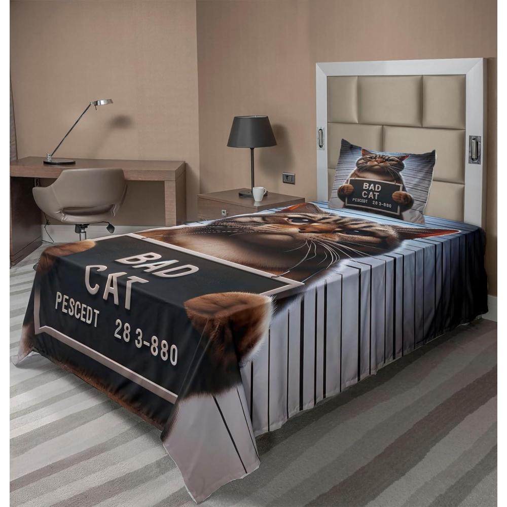 imageAmbesonne Cat Sheet Set Romantic Date Night of Kitties Drinking Milkshake Cozy Night Scene Valentines Fitted and Flat Sheet with Pillowcases Bedding Accent 4 Piece Set King Dark Blue ApricotUmber and Pale Blue Grey