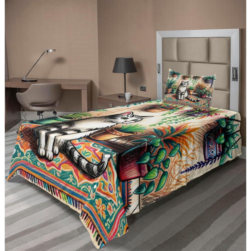 imageAmbesonne Cat Sheet Set Romantic Date Night of Kitties Drinking Milkshake Cozy Night Scene Valentines Fitted and Flat Sheet with Pillowcases Bedding Accent 4 Piece Set King Dark Blue ApricotJade Green Grey Orange