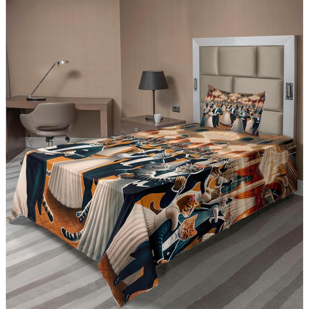 imageAmbesonne Cat Sheet Set Romantic Date Night of Kitties Drinking Milkshake Cozy Night Scene Valentines Fitted and Flat Sheet with Pillowcases Bedding Accent 4 Piece Set King Dark Blue ApricotPetrol Blue and Orange