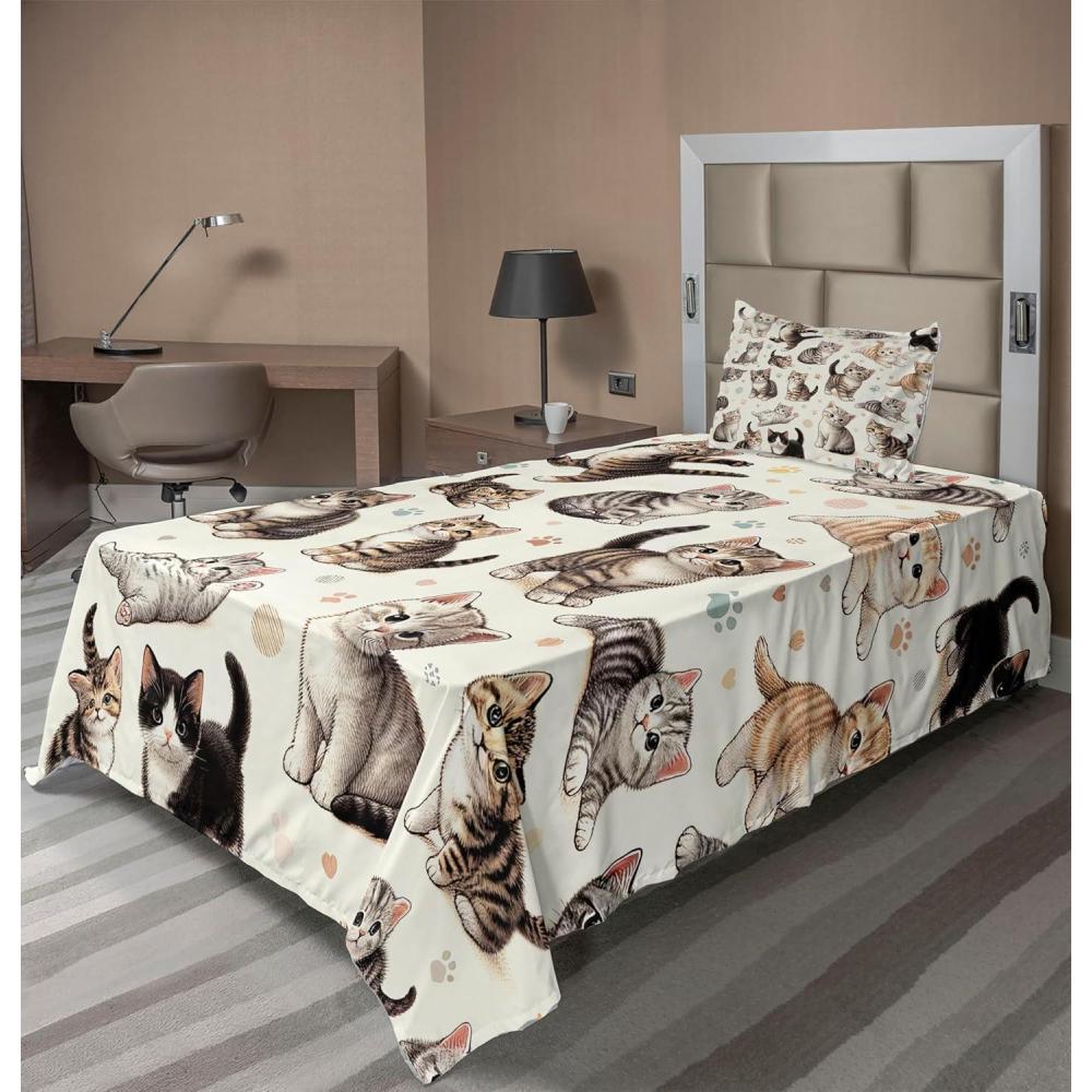 imageAmbesonne Cat Sheet Set Romantic Date Night of Kitties Drinking Milkshake Cozy Night Scene Valentines Fitted and Flat Sheet with Pillowcases Bedding Accent 4 Piece Set King Dark Blue ApricotOff White Taupe and Grey