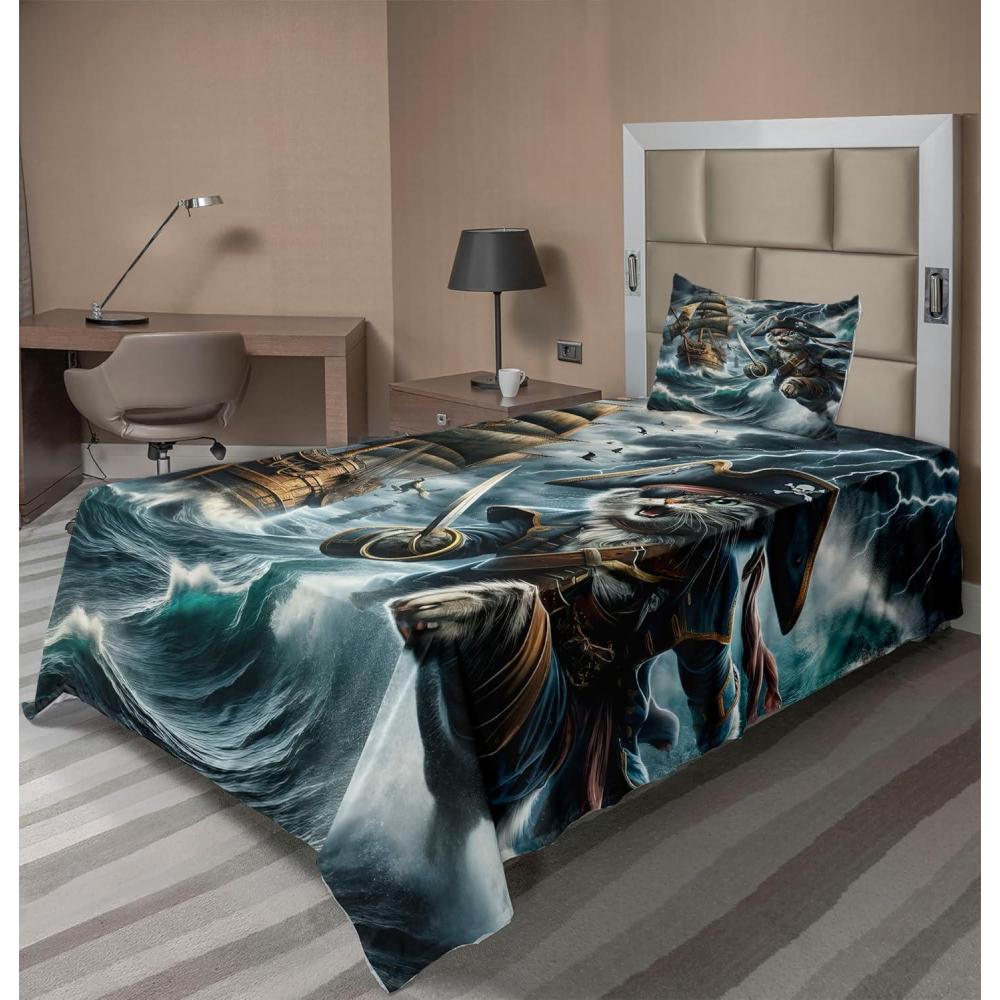 imageAmbesonne Cat Sheet Set Romantic Date Night of Kitties Drinking Milkshake Cozy Night Scene Valentines Fitted and Flat Sheet with Pillowcases Bedding Accent 4 Piece Set King Dark Blue ApricotDark Slate Blue and Amber