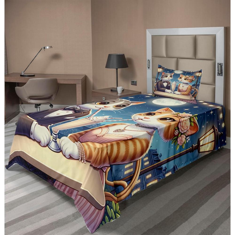 imageAmbesonne Cat Sheet Set Romantic Date Night of Kitties Drinking Milkshake Cozy Night Scene Valentines Fitted and Flat Sheet with Pillowcases Bedding Accent 4 Piece Set King Dark Blue ApricotDark Blue Apricot