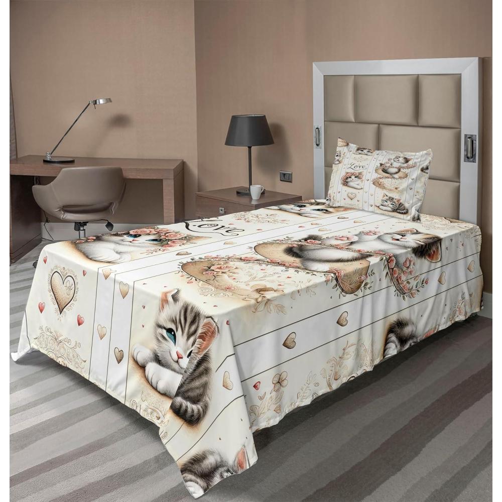 imageAmbesonne Cat Sheet Set Romantic Date Night of Kitties Drinking Milkshake Cozy Night Scene Valentines Fitted and Flat Sheet with Pillowcases Bedding Accent 4 Piece Set King Dark Blue ApricotIvory Pale Brown Grey