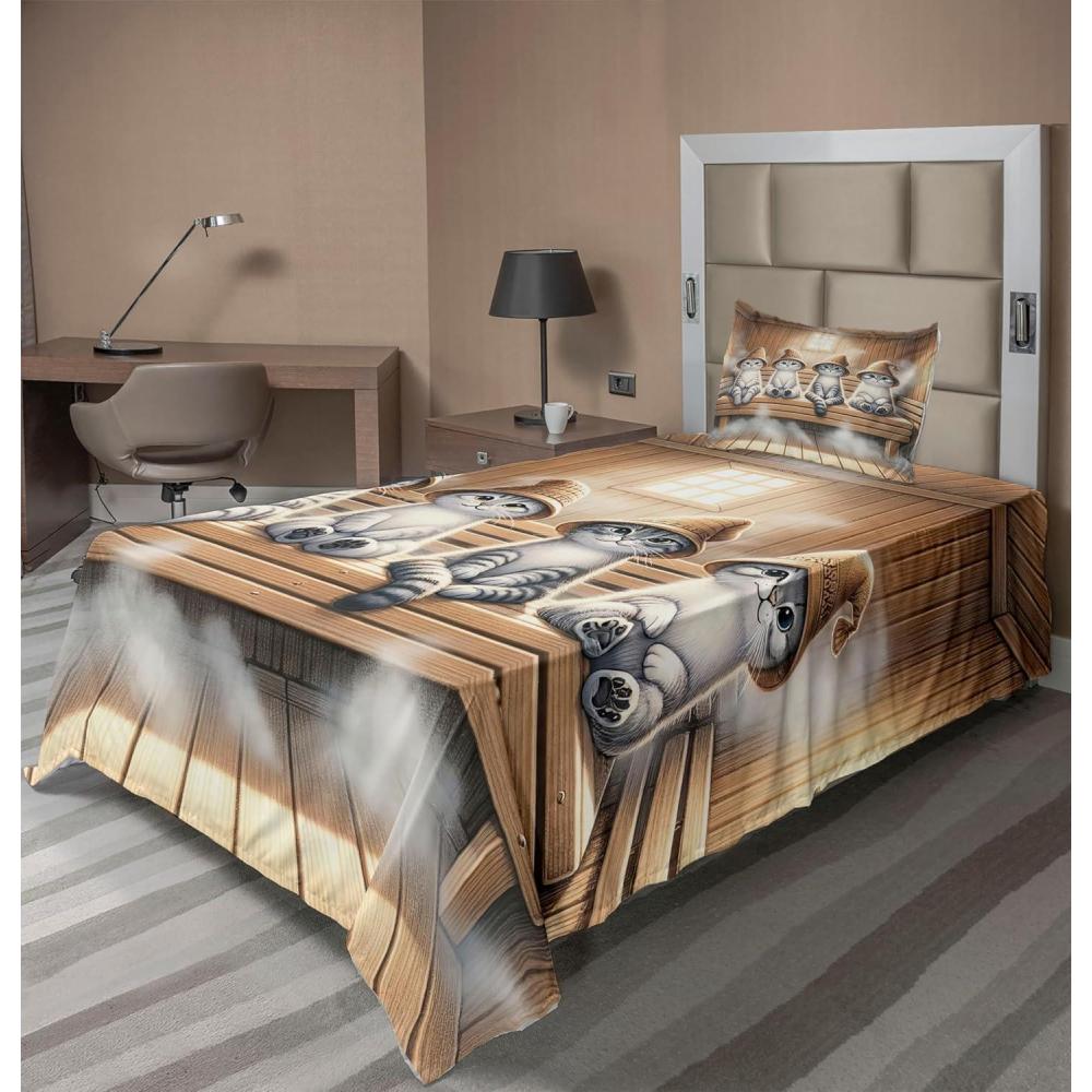 imageAmbesonne Cat Sheet Set Romantic Date Night of Kitties Drinking Milkshake Cozy Night Scene Valentines Fitted and Flat Sheet with Pillowcases Bedding Accent 4 Piece Set King Dark Blue ApricotPastel Brown and Pale Grey