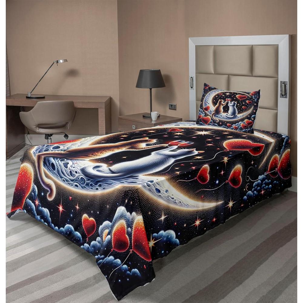imageAmbesonne Cat Sheet Set Romantic Date Night of Kitties Drinking Milkshake Cozy Night Scene Valentines Fitted and Flat Sheet with Pillowcases Bedding Accent 4 Piece Set King Dark Blue ApricotIndigo and Scarlet