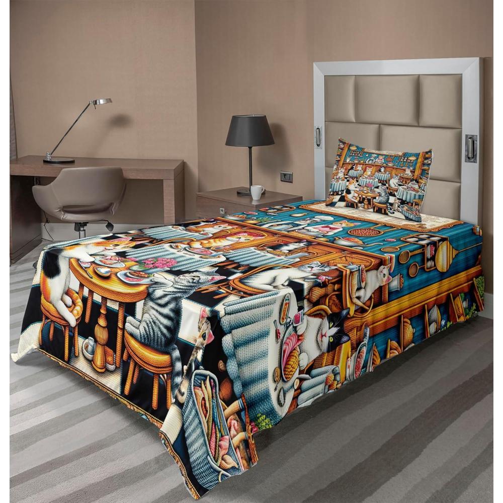 imageAmbesonne Cat Sheet Set Romantic Date Night of Kitties Drinking Milkshake Cozy Night Scene Valentines Fitted and Flat Sheet with Pillowcases Bedding Accent 4 Piece Set King Dark Blue ApricotSea Blue and Marigold