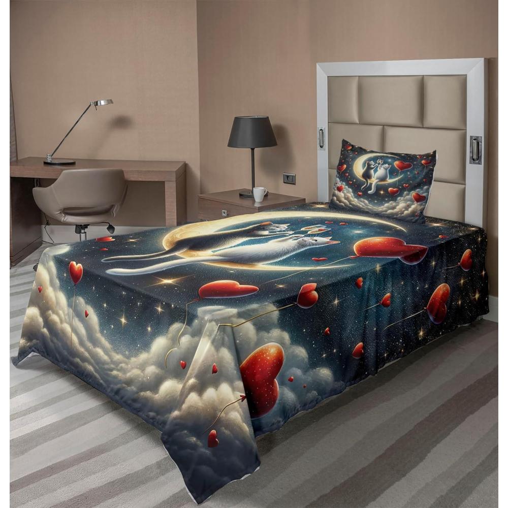 imageAmbesonne Cat Sheet Set Romantic Date Night of Kitties Drinking Milkshake Cozy Night Scene Valentines Fitted and Flat Sheet with Pillowcases Bedding Accent 4 Piece Set King Dark Blue ApricotDark Night Blue Vermilion