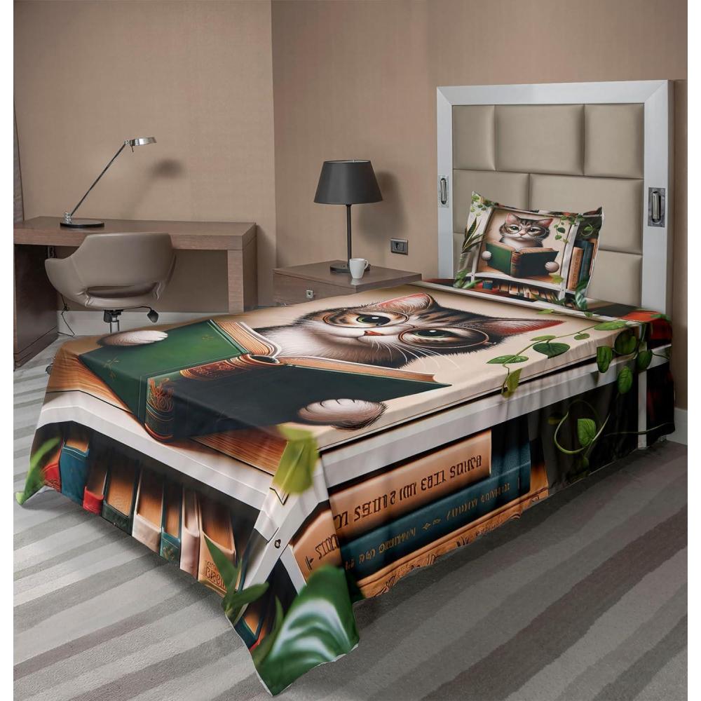 imageAmbesonne Cat Sheet Set Romantic Date Night of Kitties Drinking Milkshake Cozy Night Scene Valentines Fitted and Flat Sheet with Pillowcases Bedding Accent 4 Piece Set King Dark Blue ApricotGreen Paprika Beige