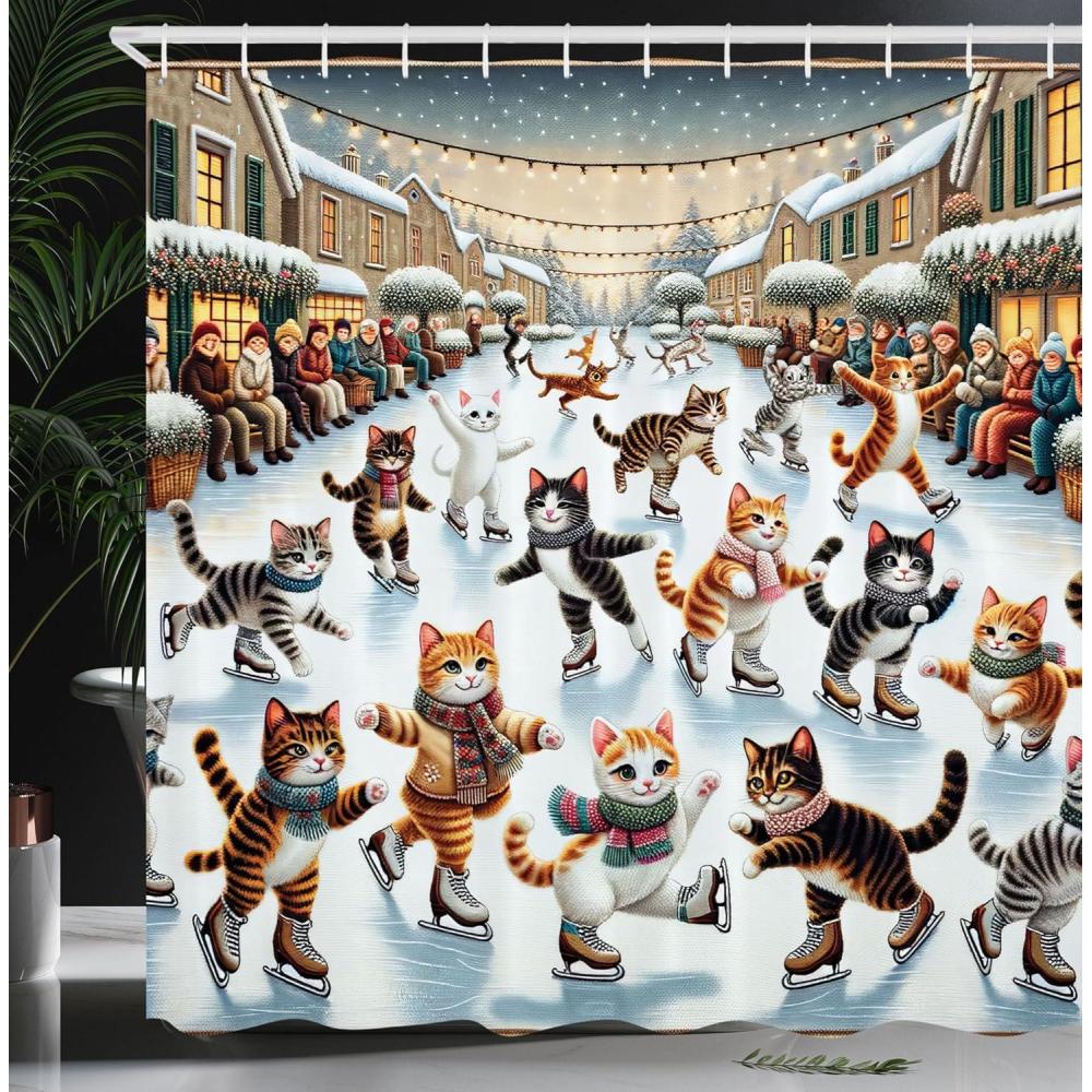 imageAmbesonne Cat Shower Curtain Funny and Cheery Kitties Ice Skating Winter Happiness Funny Cartoon Xmas Cloth Fabric Bathroom Decor Set with Hooks 69 W x 70 L Orange Brown Pale Blue