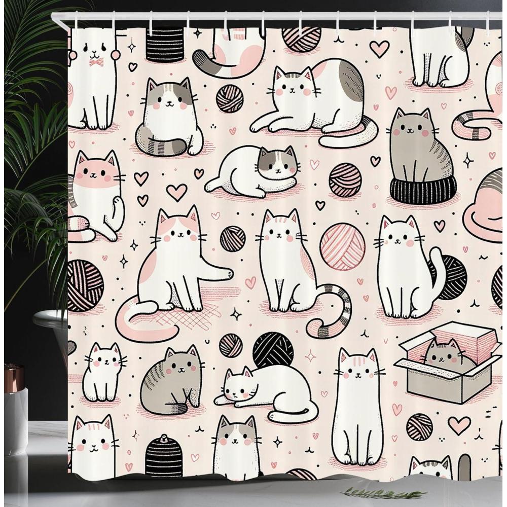 imageAmbesonne Cat Shower Curtain Simplistic Drawn Kitties Sitting Laying with Pastel Colors Cartoon Illustration Cloth Fabric Bathroom Decor Set with Hooks 69 W x 84 L Rose and Pale Grey