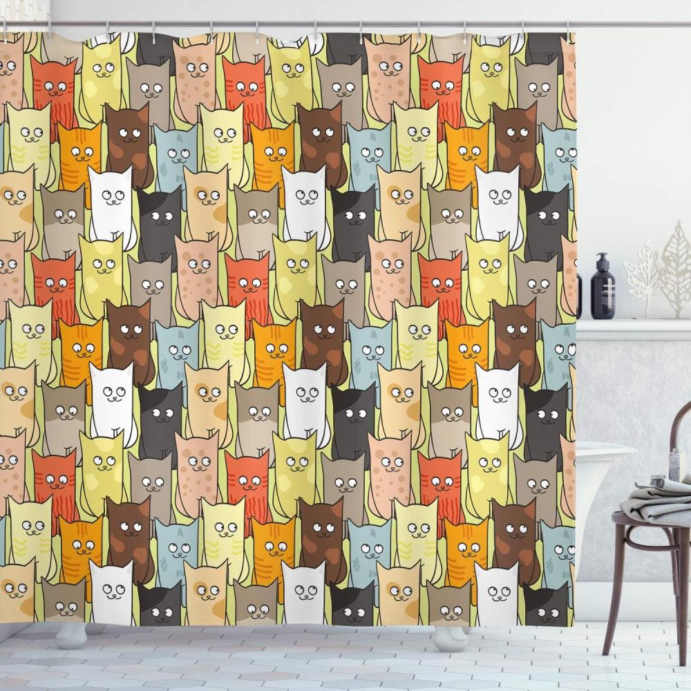imageAmbesonne Cats Shower Curtain Funny Colorful Graphic Kittens Cartoon Style Boys Girls Playroom Cloth Fabric Bathroom Decor Set with Hooks 69 W x 70 L Pastel Pink Grey
