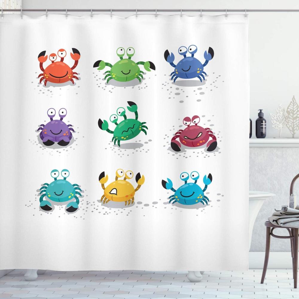 imageAmbesonne Crabs Shower Curtain Joyful Cartoon Style Colorful Crab Characters with Various Expressions and Emotions Cloth Fabric Bathroom Decor Set with Hooks 69 W x 70 L White Multicolor