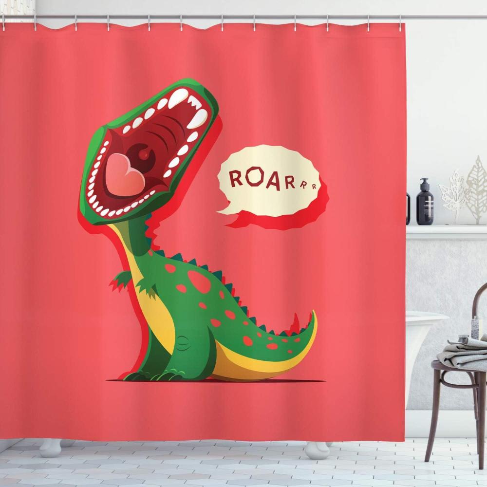imageAmbesonne Dinosaur Shower Curtain Aggressive Prehistoric Cartoon Animal Roaring Open Mouth Wildlife Image Cloth Fabric Bathroom Decor Set with Hooks 69 W x 70 L Coral Green Yellow