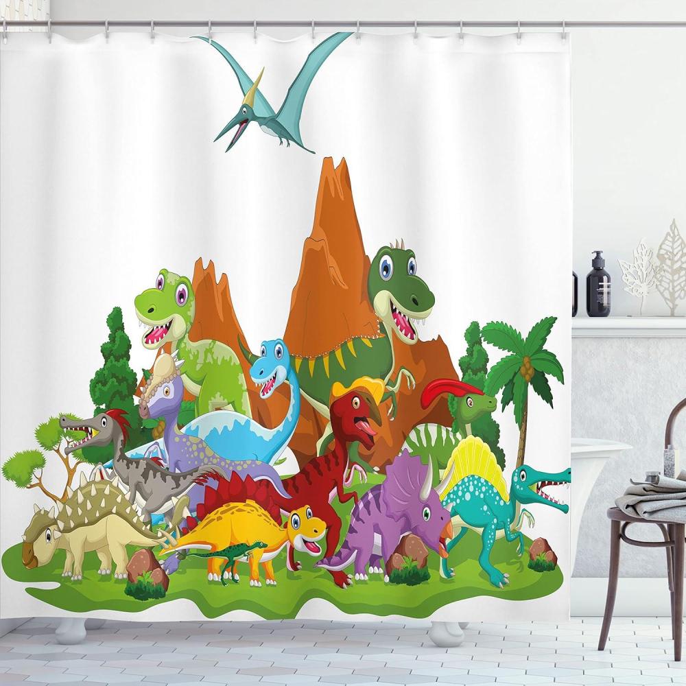 imageAmbesonne Dinosaur Shower Curtain Funny Friendly Dinosaurs in Cartoon Style and Landscape Trees and Mountain Cloth Fabric Bathroom Decor Set with Hooks 69 W x 70 L Green Cinnamon