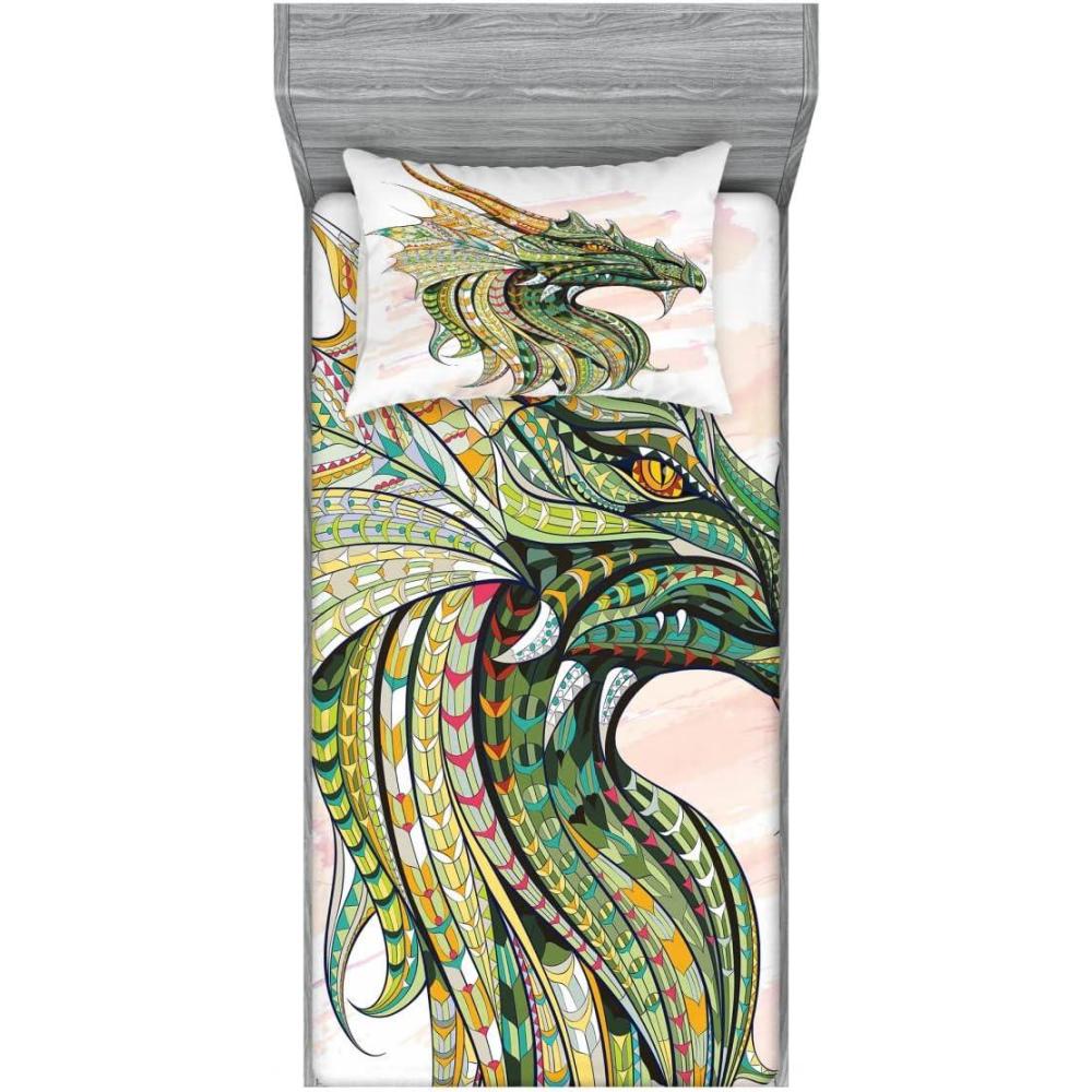 imageAmbesonne Dragon Fitted Sheet amp Pillow Sham Set Cartoon Style Design for Animal Pattern Colorful Dragons Art Print Decorative Printed 2 Piece Bedding Decor Set Twin Aqua WhiteWhite and Green