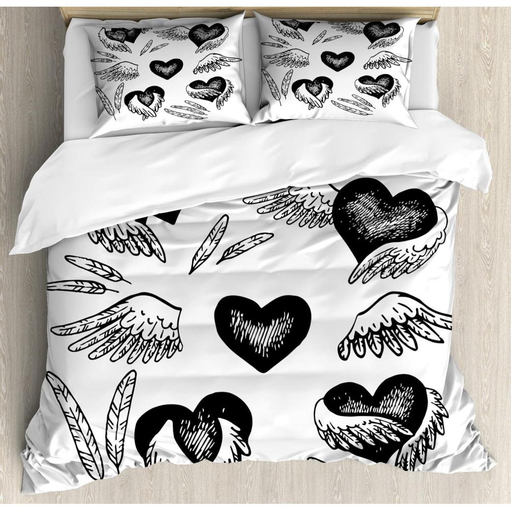 imageAmbesonne Feather Duvet Cover Set Romantic Hearts with Wings Valentines Day Themed Sketch Style Love Image Decorative 3 Piece Bedding Set with 2 Pillow Shams Queen Size Black and White