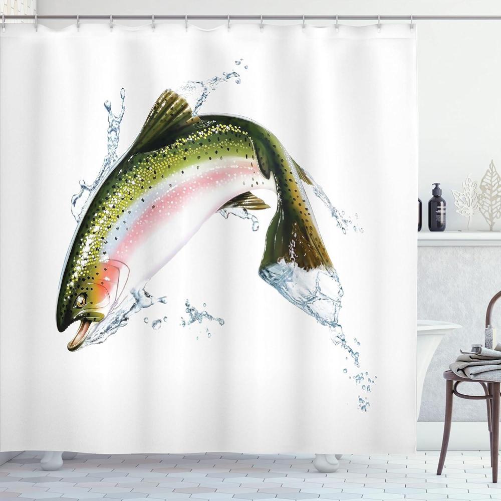 imageAmbesonne Fish Shower Curtain Salmon Jumping Out of Water Making Splashes Cartoon Design Photorealistic Airbrush Cloth Fabric Bathroom Decor Set with Hooks 69 W x 70 L Olive Green White