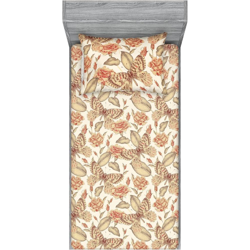 imageAmbesonne Floral Fitted Sheet amp Pillow Sham Set Monochrome Lily Flowers Valentines Day Concept Retro Illustration Decorative Printed 3 Piece Bedding Decor Set Full Charcoal Grey and WhitePale Rust and Sand Brown