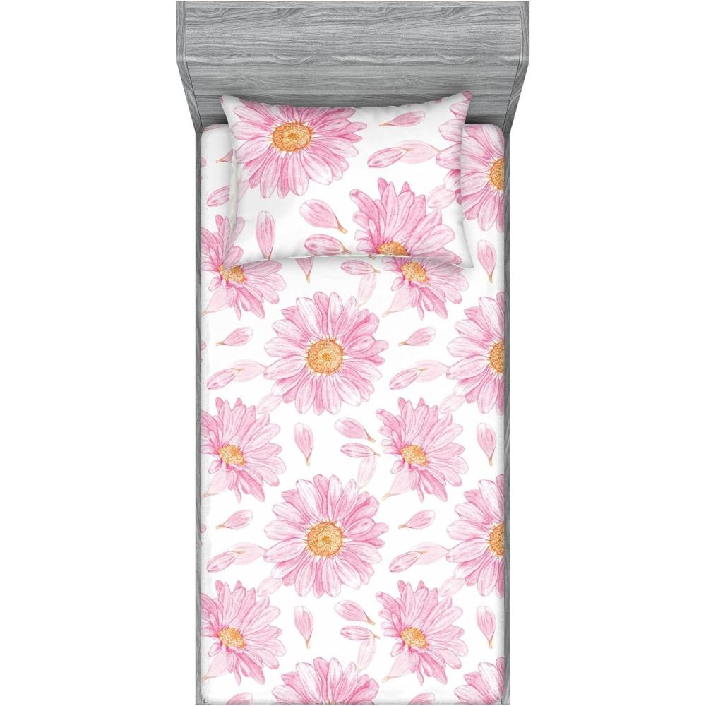 imageAmbesonne Floral Fitted Sheet amp Pillow Sham Set Monochrome Lily Flowers Valentines Day Concept Retro Illustration Decorative Printed 3 Piece Bedding Decor Set Full Charcoal Grey and WhiteSoft Pink and Sand Brown