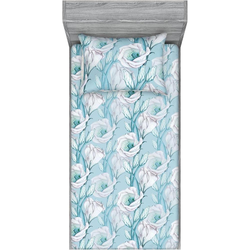 imageAmbesonne Floral Fitted Sheet amp Pillow Sham Set Monochrome Lily Flowers Valentines Day Concept Retro Illustration Decorative Printed 3 Piece Bedding Decor Set Full Charcoal Grey and WhitePale Azure Blue and Teal