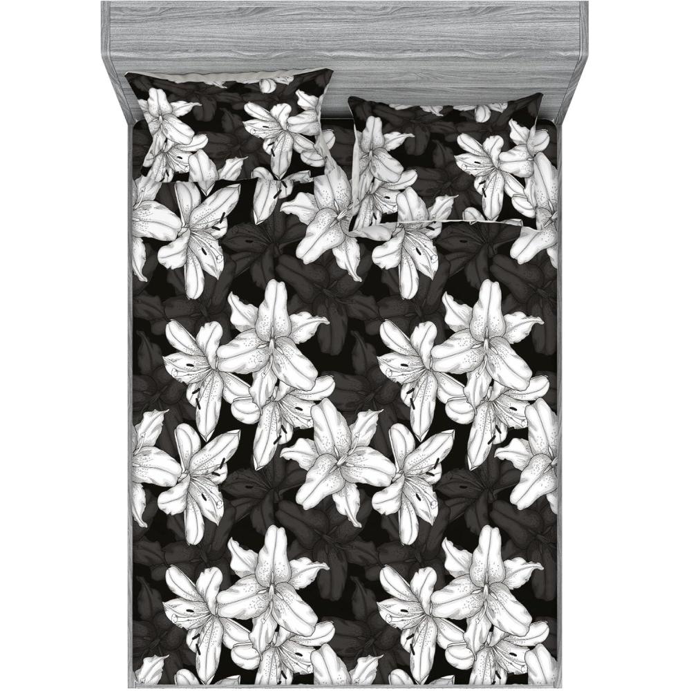imageAmbesonne Floral Fitted Sheet amp Pillow Sham Set Monochrome Lily Flowers Valentines Day Concept Retro Illustration Decorative Printed 3 Piece Bedding Decor Set Calking Charcoal Grey and White