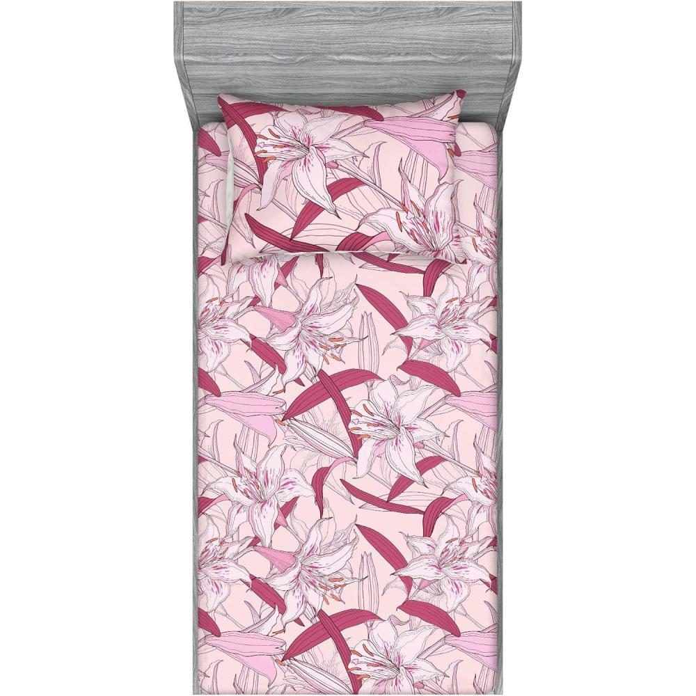 imageAmbesonne Floral Fitted Sheet amp Pillow Sham Set Monochrome Lily Flowers Valentines Day Concept Retro Illustration Decorative Printed 3 Piece Bedding Decor Set Full Charcoal Grey and WhitePastel Pink and Blush