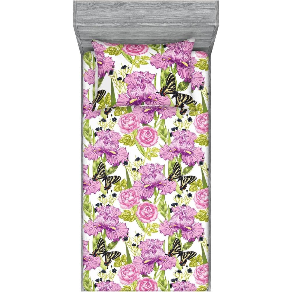 imageAmbesonne Floral Fitted Sheet amp Pillow Sham Set Monochrome Lily Flowers Valentines Day Concept Retro Illustration Decorative Printed 3 Piece Bedding Decor Set Full Charcoal Grey and WhiteAvocado Green Pale Purple