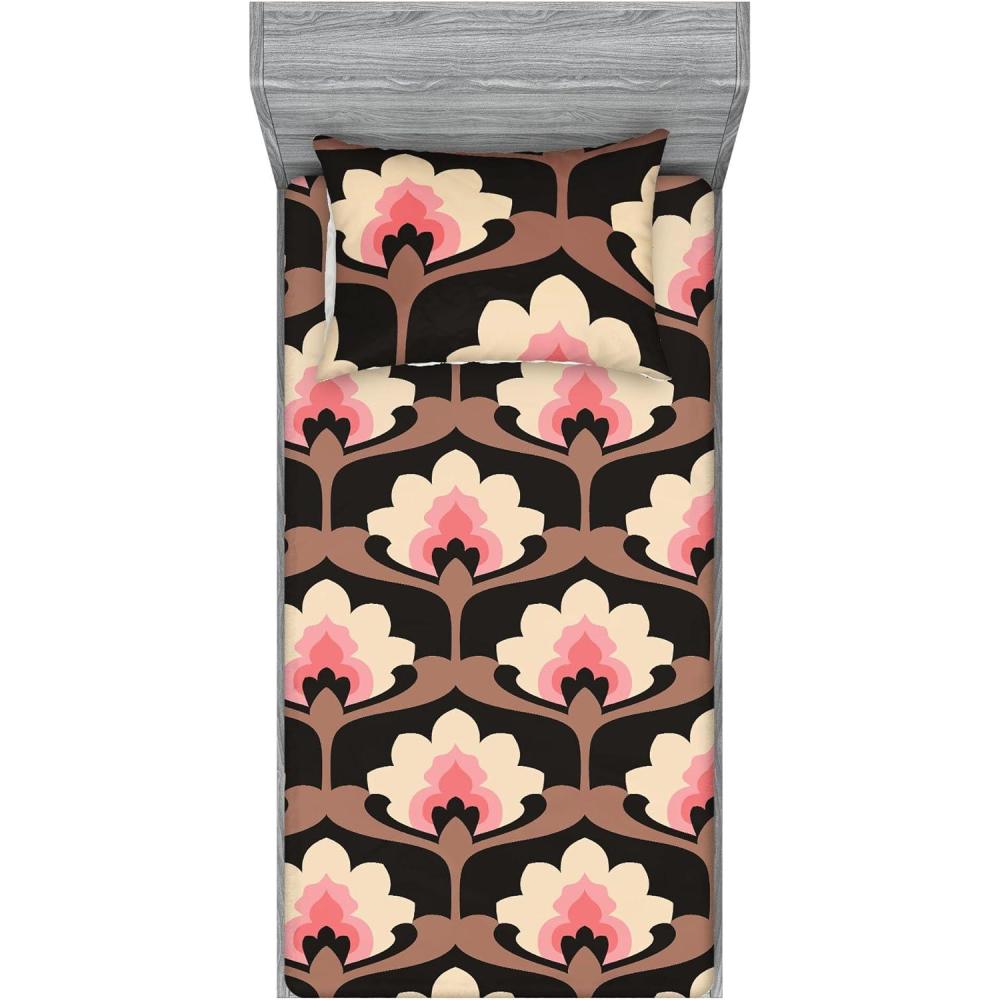 imageAmbesonne Floral Fitted Sheet amp Pillow Sham Set Monochrome Lily Flowers Valentines Day Concept Retro Illustration Decorative Printed 3 Piece Bedding Decor Set Full Charcoal Grey and WhitePastel Pink and Pale Rust