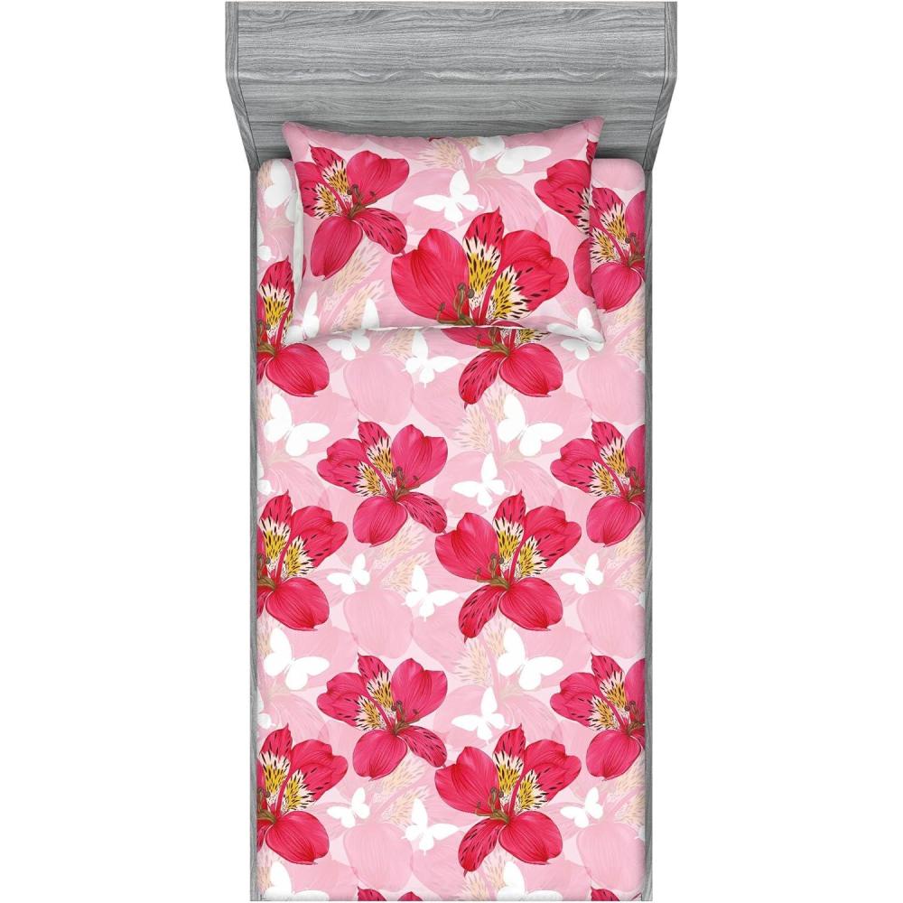 imageAmbesonne Floral Fitted Sheet amp Pillow Sham Set Monochrome Lily Flowers Valentines Day Concept Retro Illustration Decorative Printed 3 Piece Bedding Decor Set Full Charcoal Grey and WhiteDark Coral and Soft Pink
