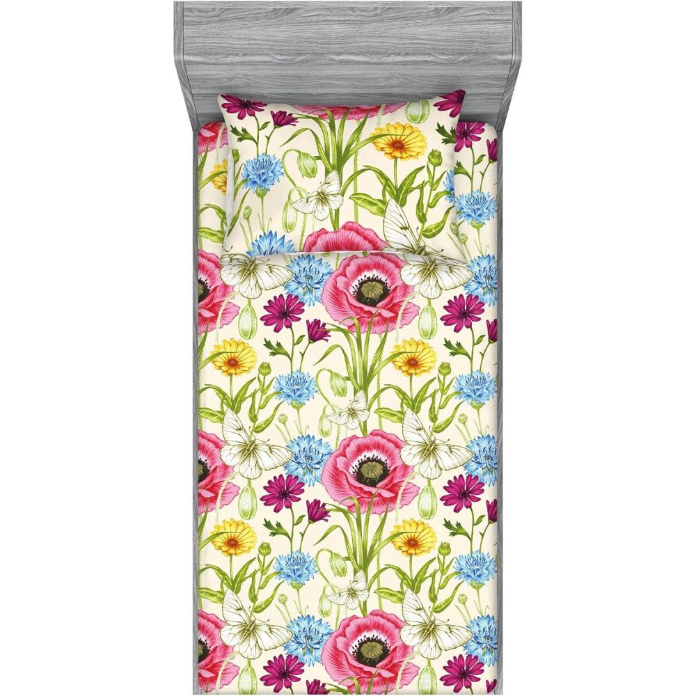 imageAmbesonne Floral Fitted Sheet amp Pillow Sham Set Monochrome Lily Flowers Valentines Day Concept Retro Illustration Decorative Printed 3 Piece Bedding Decor Set Full Charcoal Grey and WhiteApple Green and Dark Pink