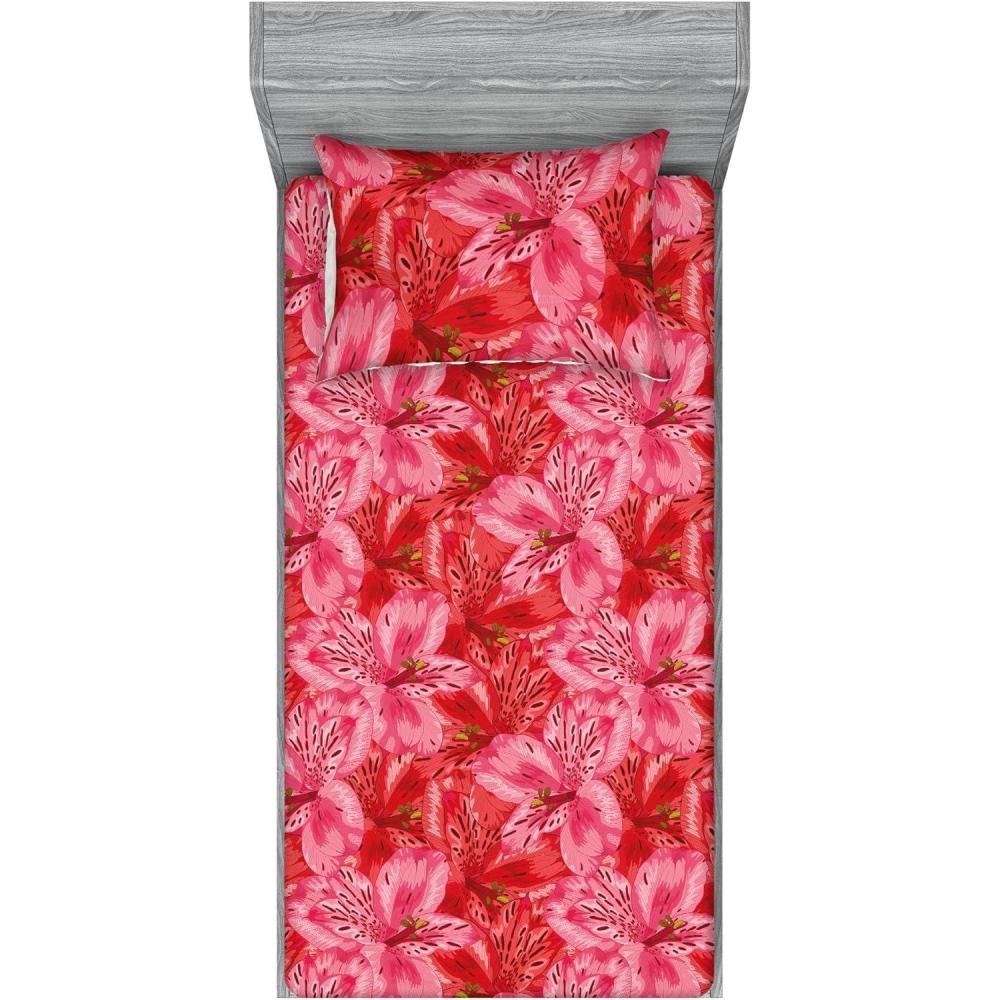 imageAmbesonne Floral Fitted Sheet amp Pillow Sham Set Monochrome Lily Flowers Valentines Day Concept Retro Illustration Decorative Printed 3 Piece Bedding Decor Set Full Charcoal Grey and WhitePastel Pink and Dark Coral