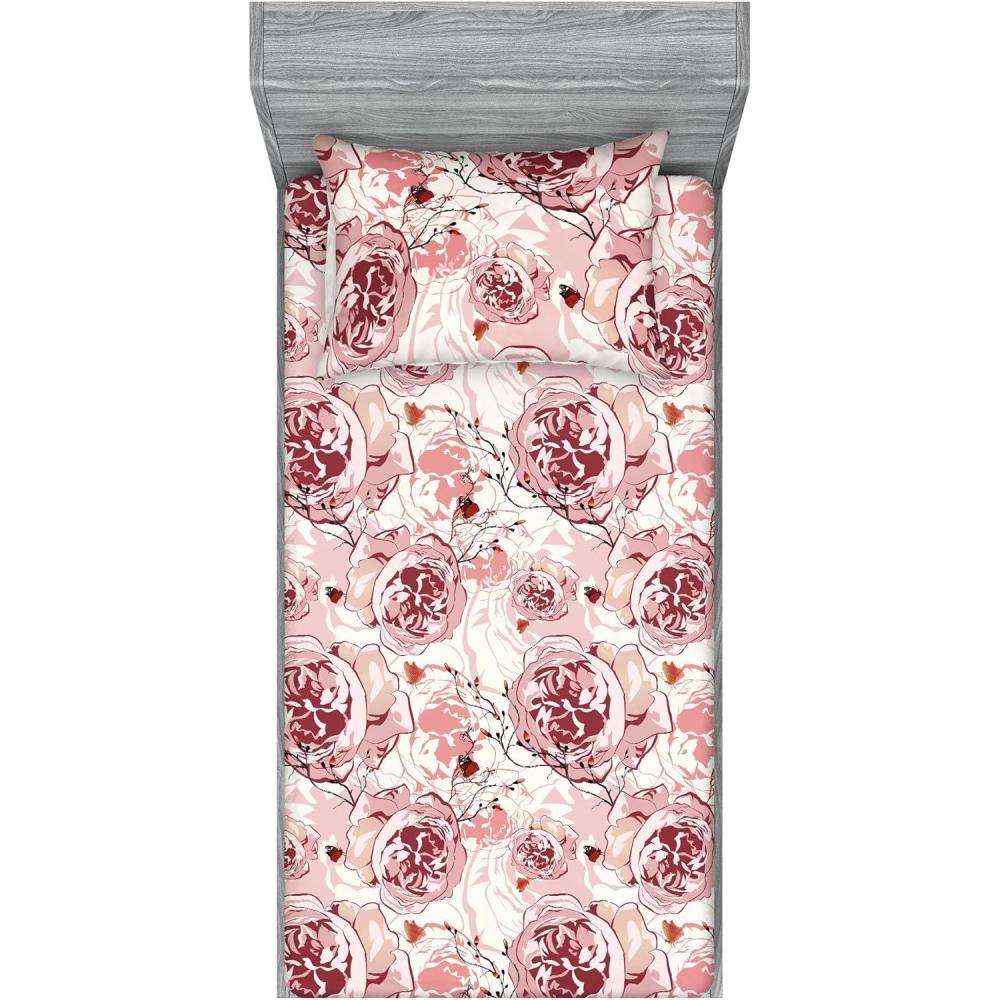 imageAmbesonne Floral Fitted Sheet amp Pillow Sham Set Monochrome Lily Flowers Valentines Day Concept Retro Illustration Decorative Printed 3 Piece Bedding Decor Set Full Charcoal Grey and WhitePale Maroon Blush and Ginger