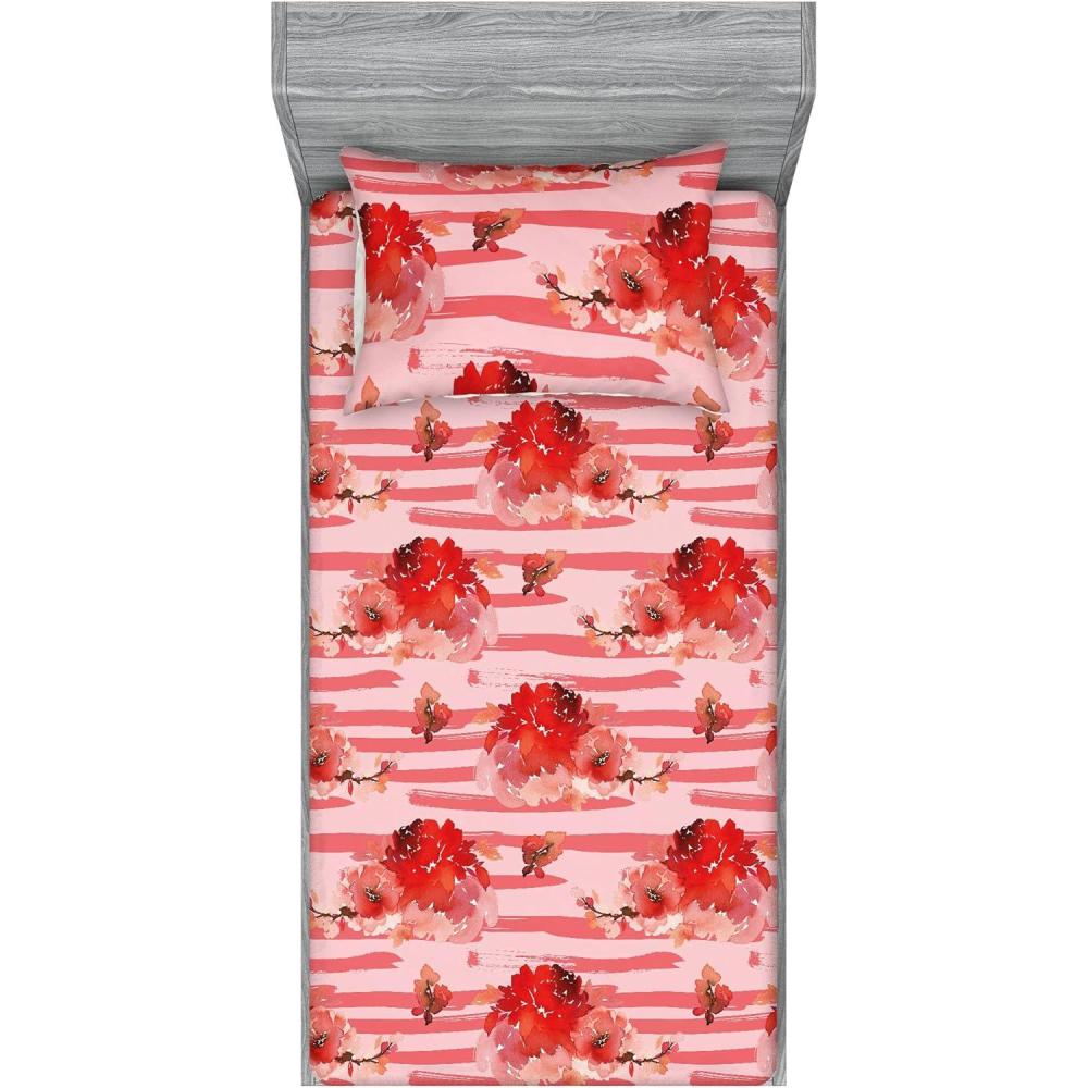 imageAmbesonne Floral Fitted Sheet amp Pillow Sham Set Monochrome Lily Flowers Valentines Day Concept Retro Illustration Decorative Printed 3 Piece Bedding Decor Set Full Charcoal Grey and WhiteDark Pink Coral and Blush