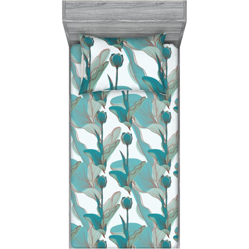 imageAmbesonne Floral Fitted Sheet amp Pillow Sham Set Monochrome Lily Flowers Valentines Day Concept Retro Illustration Decorative Printed 3 Piece Bedding Decor Set Full Charcoal Grey and WhitePale Teal Cadet Blue